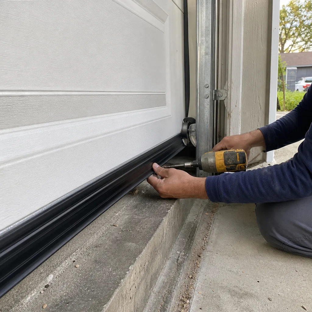 Technician using a power drill for garage door weather seal installation