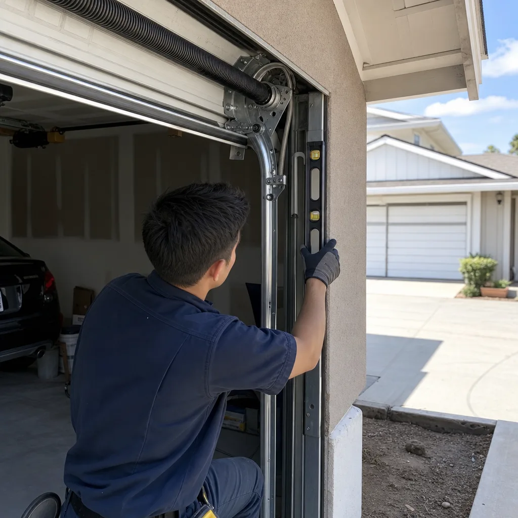 Technician using a level to check garage door track alignment