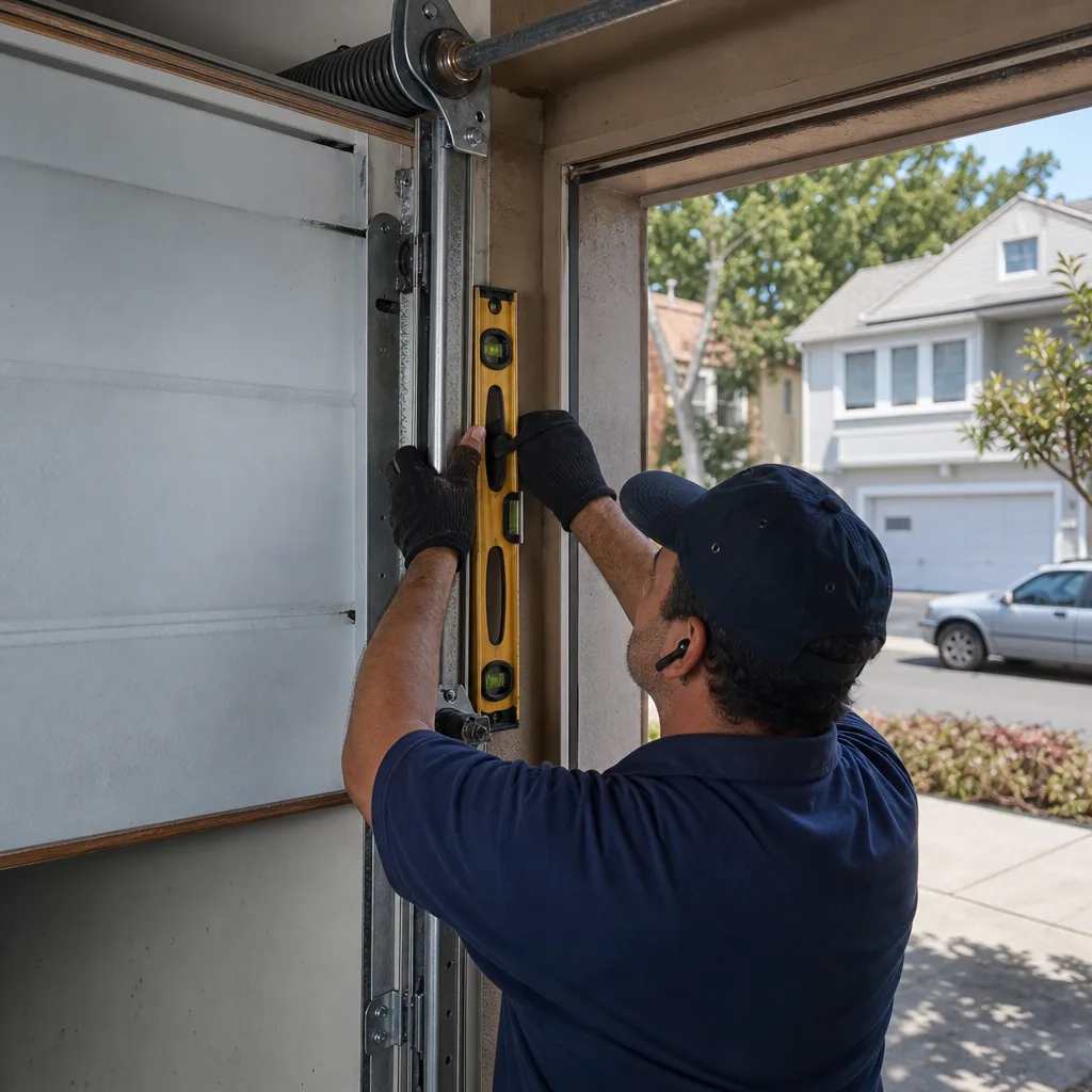 Technician using a spirit level to install or repair garage door tracks