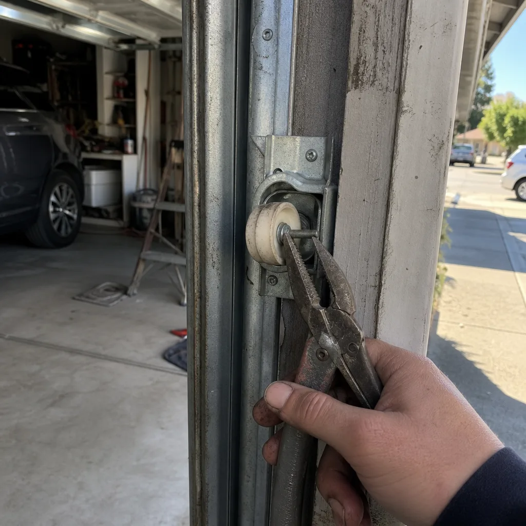 Garage door technician adjusting a roller in the track during repair